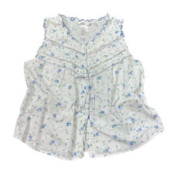Vintage Feminine Floral Top Cream Blue Dainty Button Up Bow Ruffle Blouse Large - Picture 1 of 12